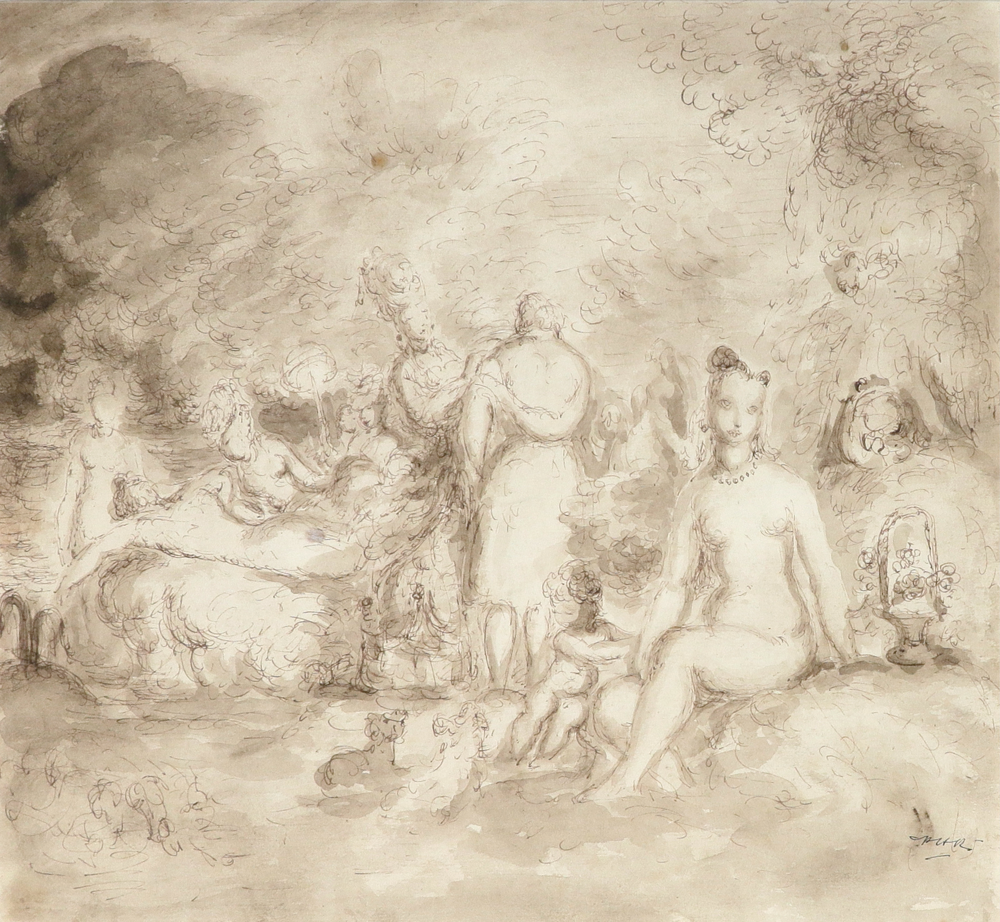 ‡Harold Hope Read (1881-1959) Figures in a parkland Signed with initials HHR (lower right) Pen and