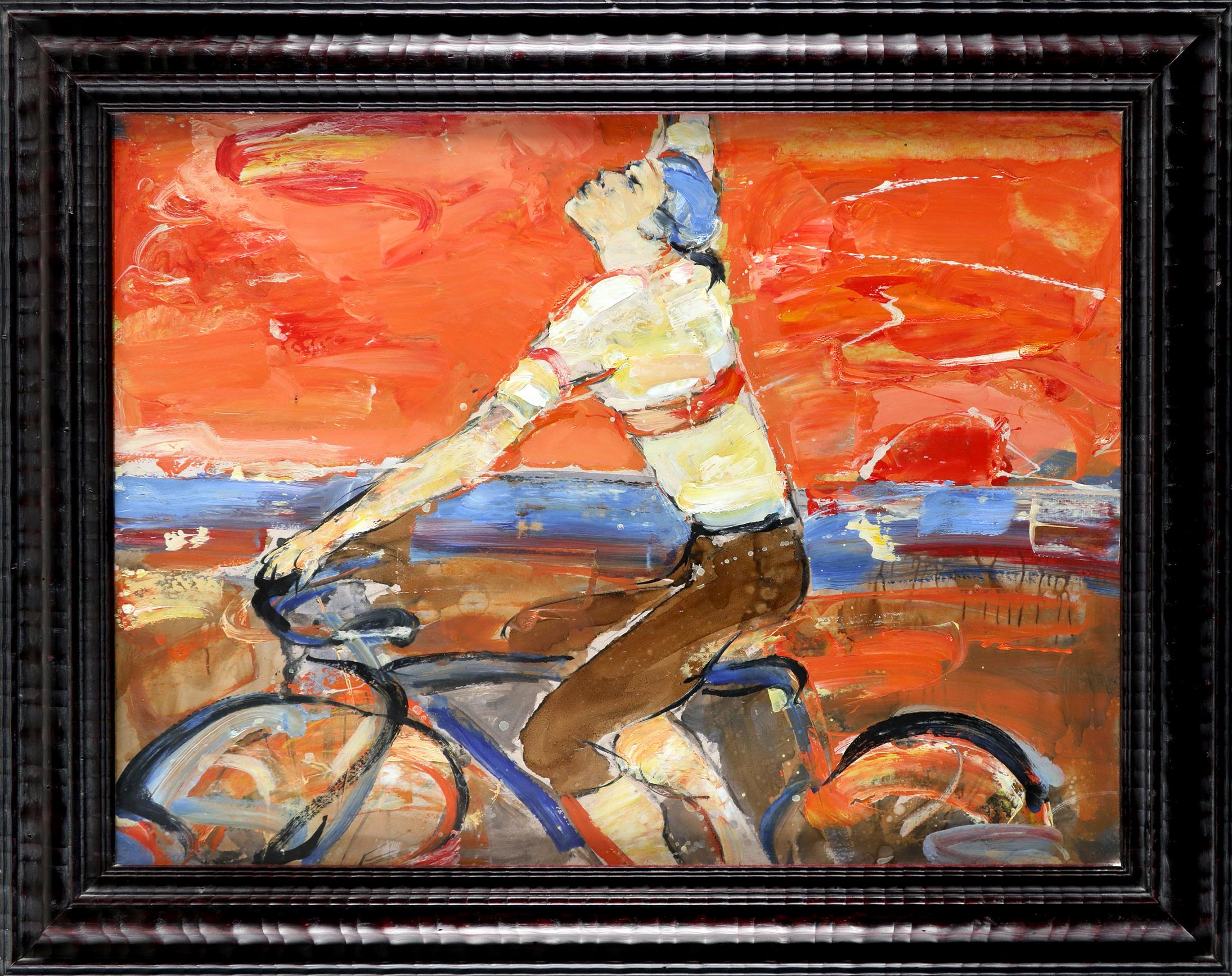 ‡Peter McLaren (Scottish b.1964) Cyclist Oil on card 47.8 x 64.1cm - Image 2 of 3