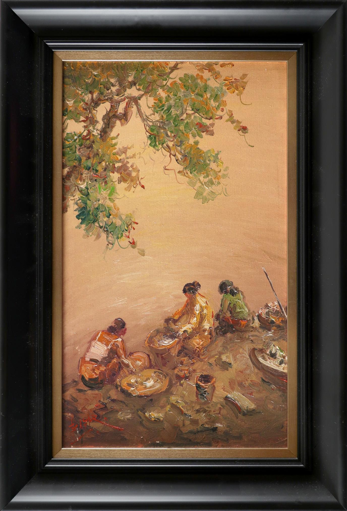 Basar (Indonesian 1901-1990) Washerwomen by the river Signed indistinctly (lower left) Oil on canvas - Image 2 of 3