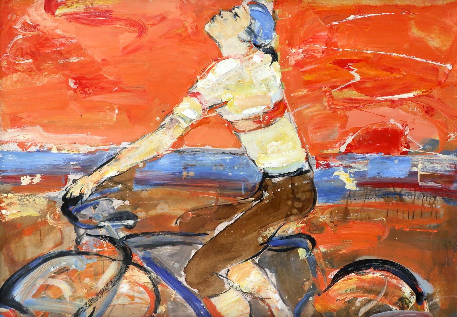 ‡Peter McLaren (Scottish b.1964) Cyclist Oil on card 47.8 x 64.1cm