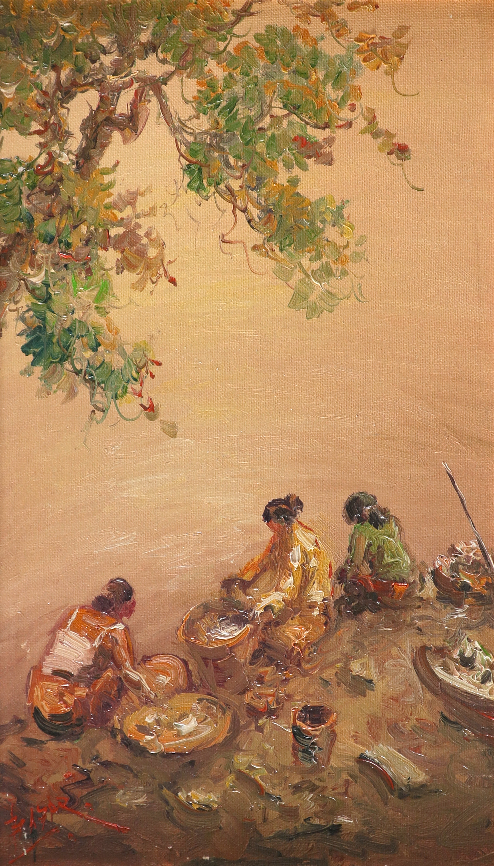 Basar (Indonesian 1901-1990) Washerwomen by the river Signed indistinctly (lower left) Oil on canvas