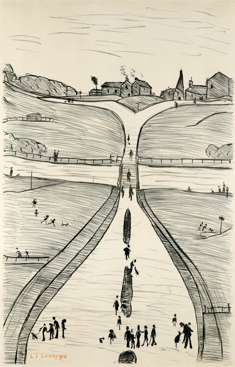 ‡Laurence Stephen Lowry RA, RBA (1887-1976) Village on a Hill Signed and dated L.S.LOWRY 1966 (in