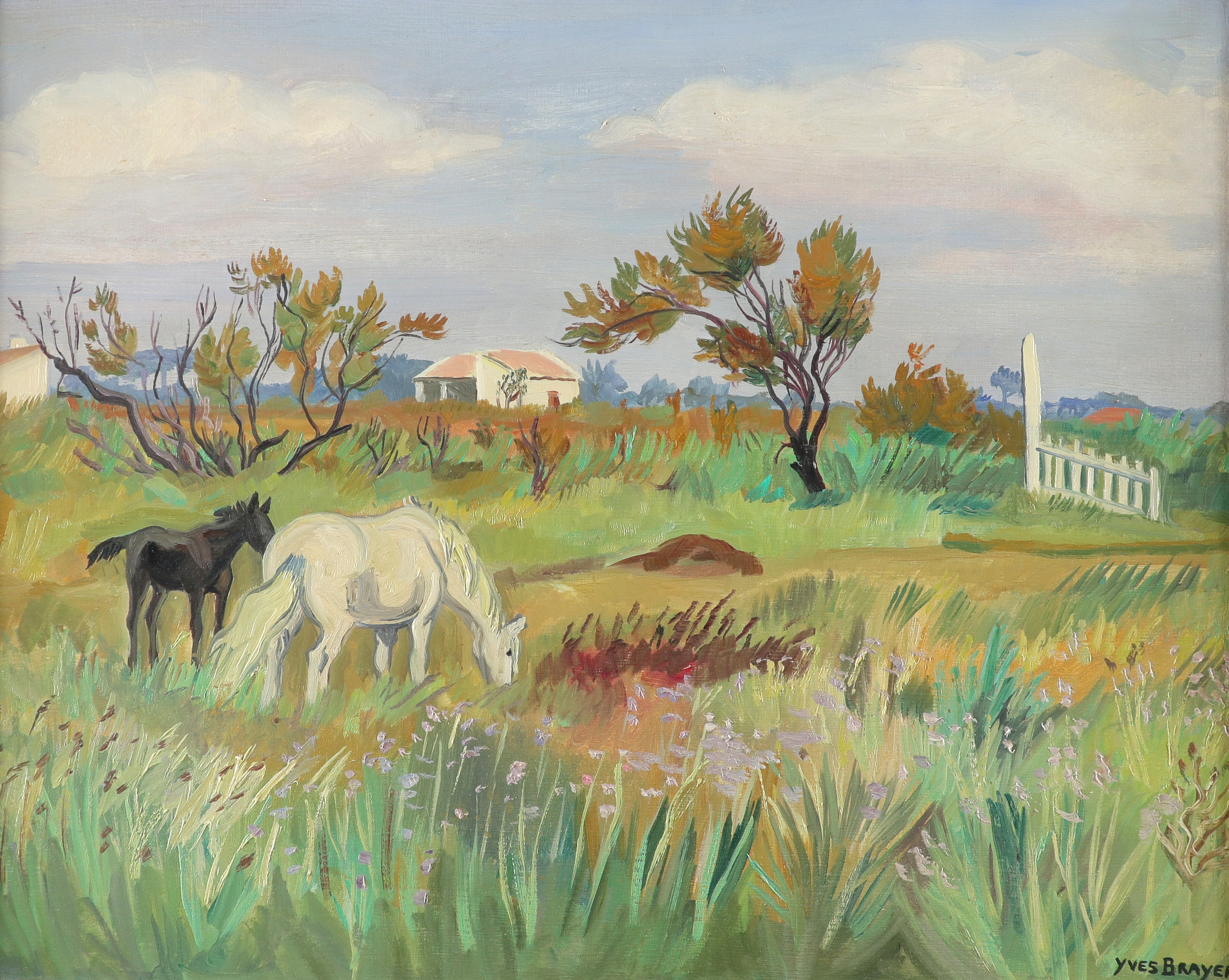 ‡Yves Brayer (French 1907-1990) Paysage de Camargue aux Deux Chevaux Signed YVES BRAYER (lower