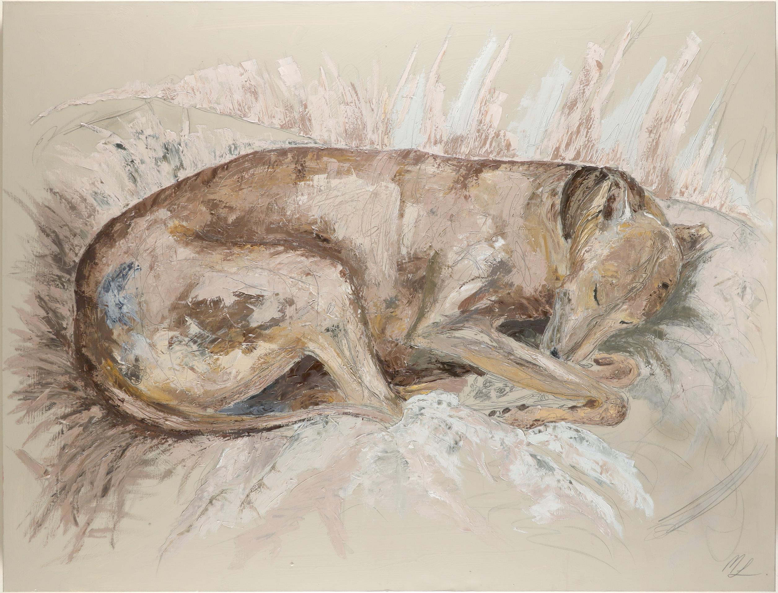 Max Leuchars (Contemporary) Sleeping whippet Signed with initials ML (lower right) Mixed media on