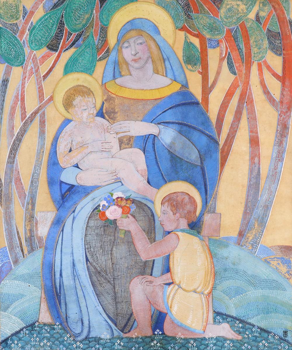 ‡Dorothy K. Thick (20th Century) The Madonna and Child with St John the Baptist Signed with monogram