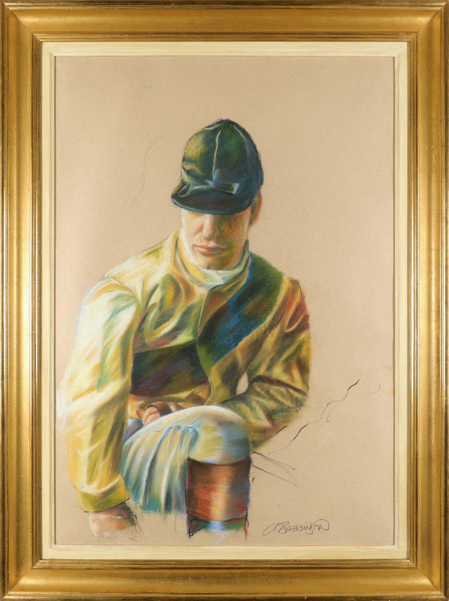 ‡Alan Brassington (Irish b.1959) Study of a jockey Signed a. Brassington (lower right) Pastel and - Image 2 of 3