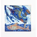 A William De Morgan Late Fulham Period triple lustre tile, painted with a kingfisher catching a