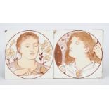 A pair of Minton & Hollins Aesthetic Movement large tiles painted by C E Cook, one painted with a