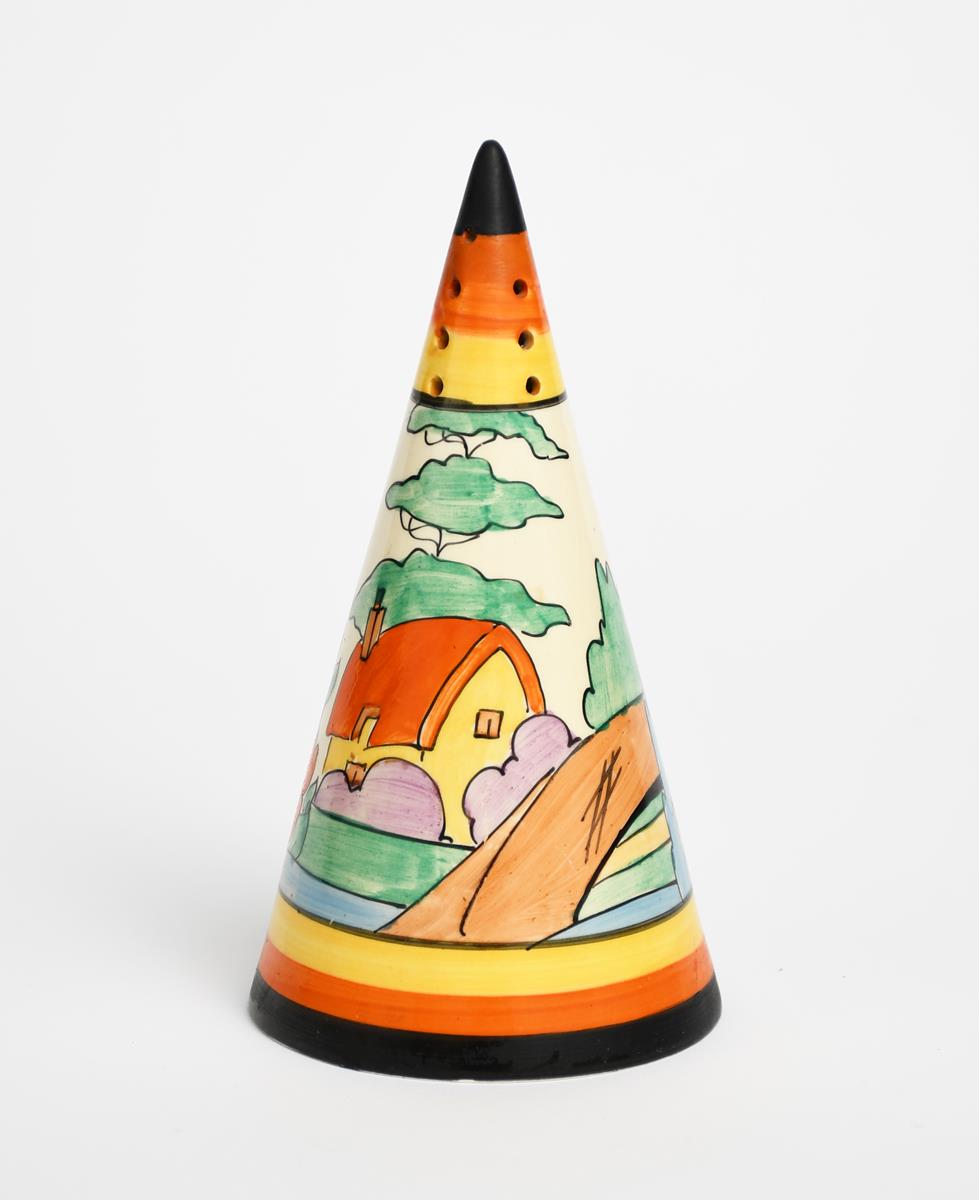 'Orange Roof Cottage' a Clarice Cliff Conical sugar sifter, painted in colours between yellow,