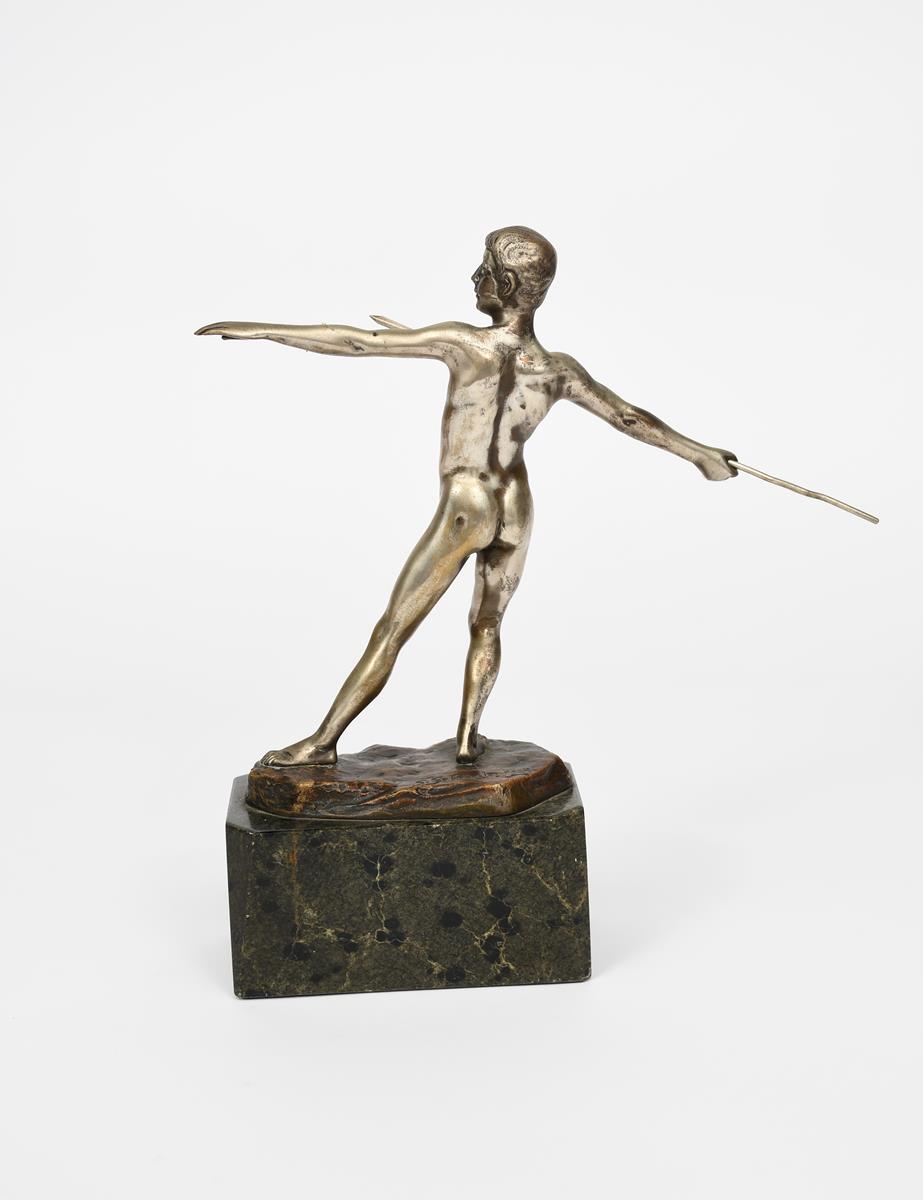 S Schival Berg Javelin thrower silver bronze, on naturalistic base, on veined marble base indistinct - Image 2 of 2