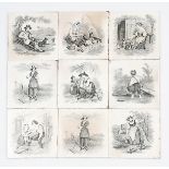 A set of nine Minton tiles, each printed with young figures in a rural pastoral scene, in black on a