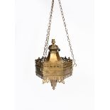 A Gothic Revival brass ceiling lantern, hexagonal section with a pierced fleur de lys border,