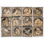 Twelve Minton Aesops Fables tiles designed by John Moyr Smith, printed in black on a tan ground,