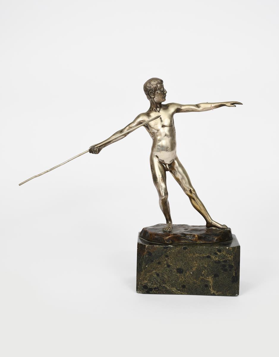 S Schival Berg Javelin thrower silver bronze, on naturalistic base, on veined marble base indistinct