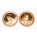 A pair of Aesthetic Movement pottery plaques by M S Oliver, each painted with a portrait, entitled