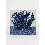 A William De Morgan Early Fulham Period Galleon tile, painted with a ship at full sail on a choppy