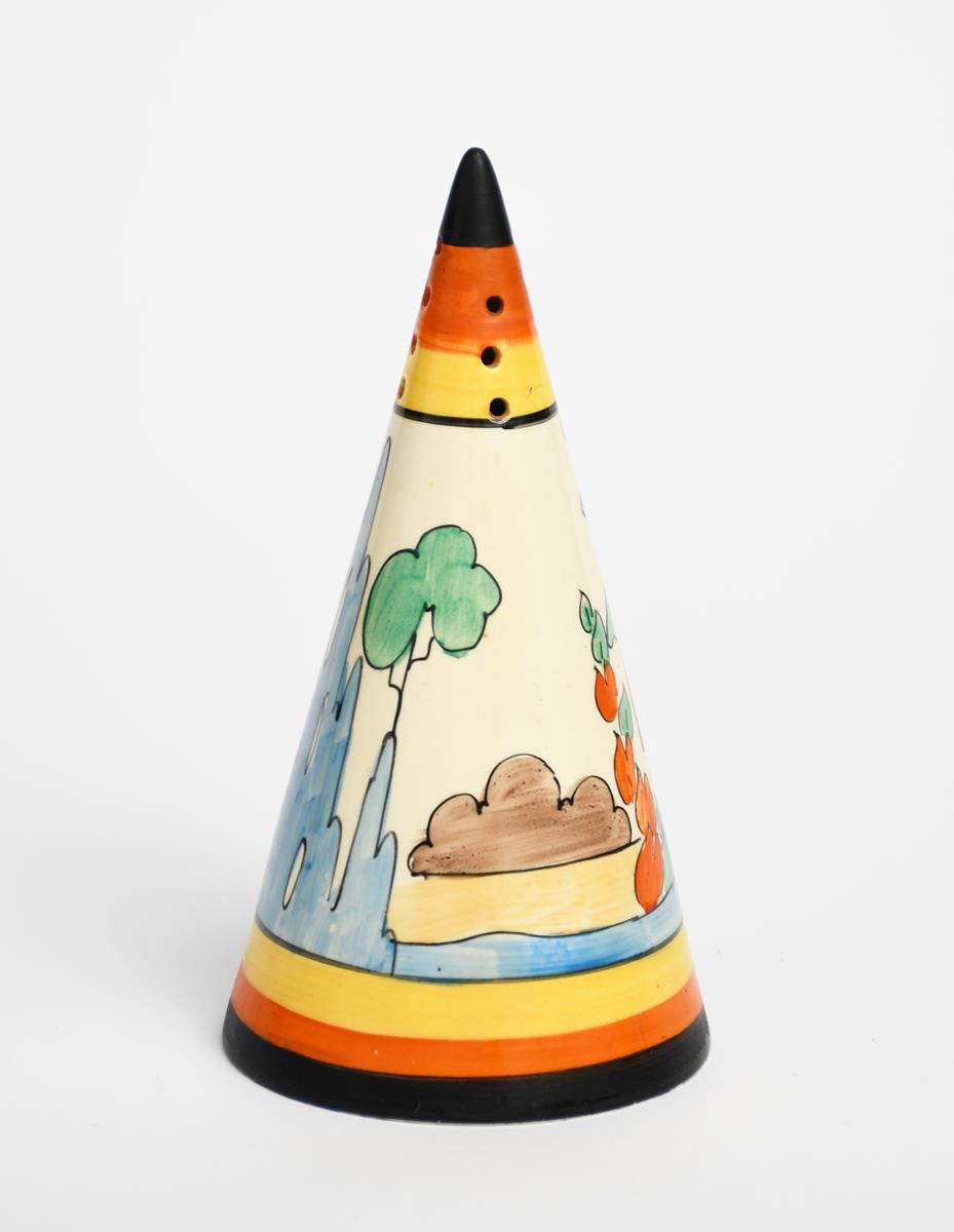 'Orange Roof Cottage' a Clarice Cliff Conical sugar sifter, painted in colours between yellow, - Image 2 of 2