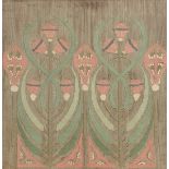 An Art Nouveau silk embroidered panel, decorated with stylised flower stems in pink and green silks,