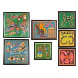 Eight Huichol yarn pictures Mexico depicting animals and figures representing differing beliefs, the