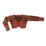 A Swedish childs cardigan dated 1867 red, green and black wool, with initials HM LD and 18 67, 38.