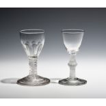 A small wine glass and a dram glass c.1760-70, the wine with a round funnel bowl on an opaque