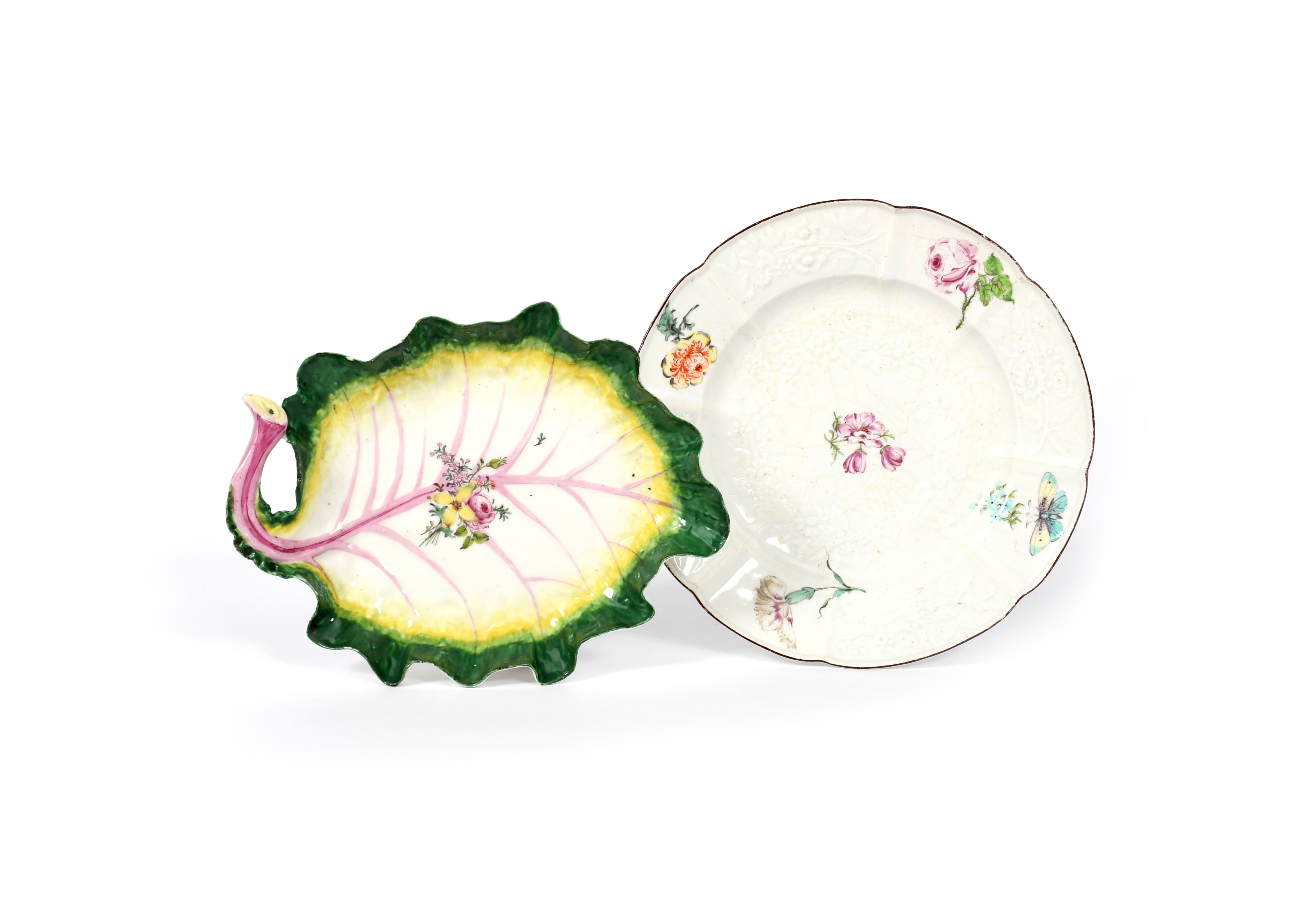 Two Chelsea dishes c.1755-58, one moulded in the Meissen Gotzkowsky manner with a central garland of