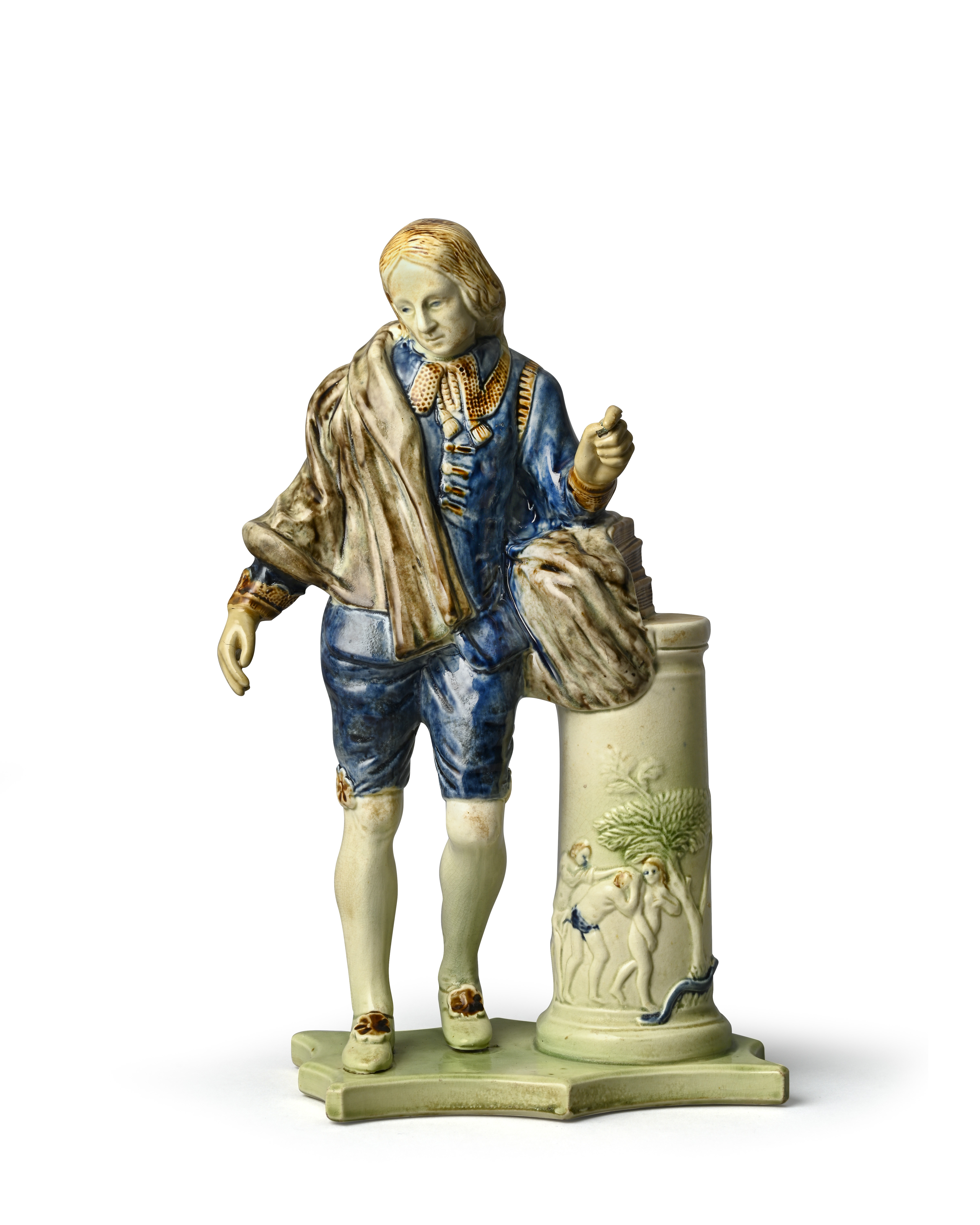 A rare Ralph Wood pearlware figure of John Milton c.1790-1800, standing beside a pillar moulded with