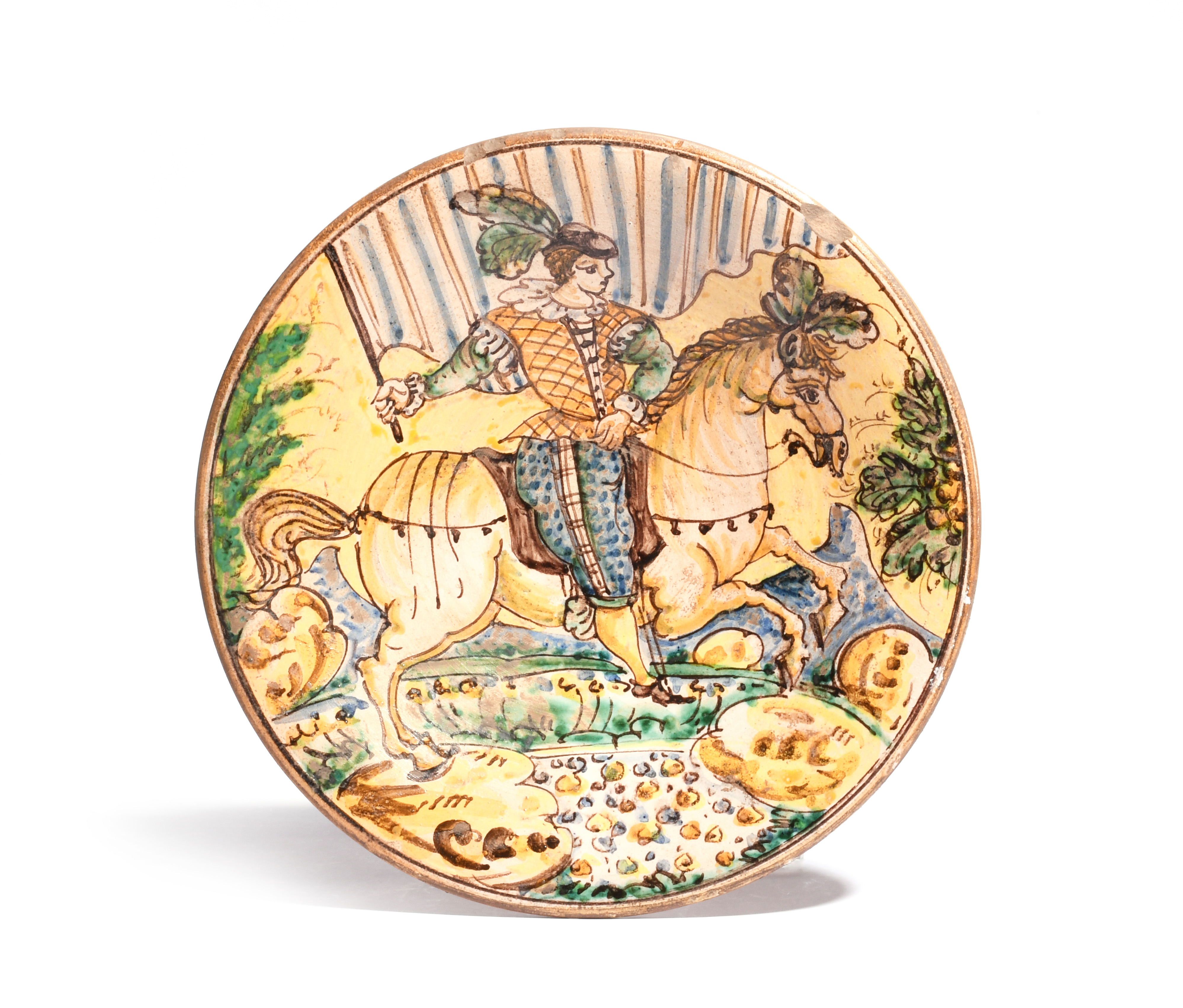 A Montelupo charger late 17th century, painted with an equestrian portrait of a figure riding a