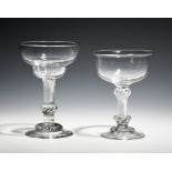 Two sweetmeat glasses c.1760, one with double ogee bowl, the other with a plain bowl, each raised on
