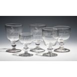 Five commemorative glasses and rummers c.1820, variously inscribed 'England has Done her Duty', 'Our