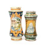 Two Italian maiolica albarelli 18th century, of slender waisted form, one painted with a three
