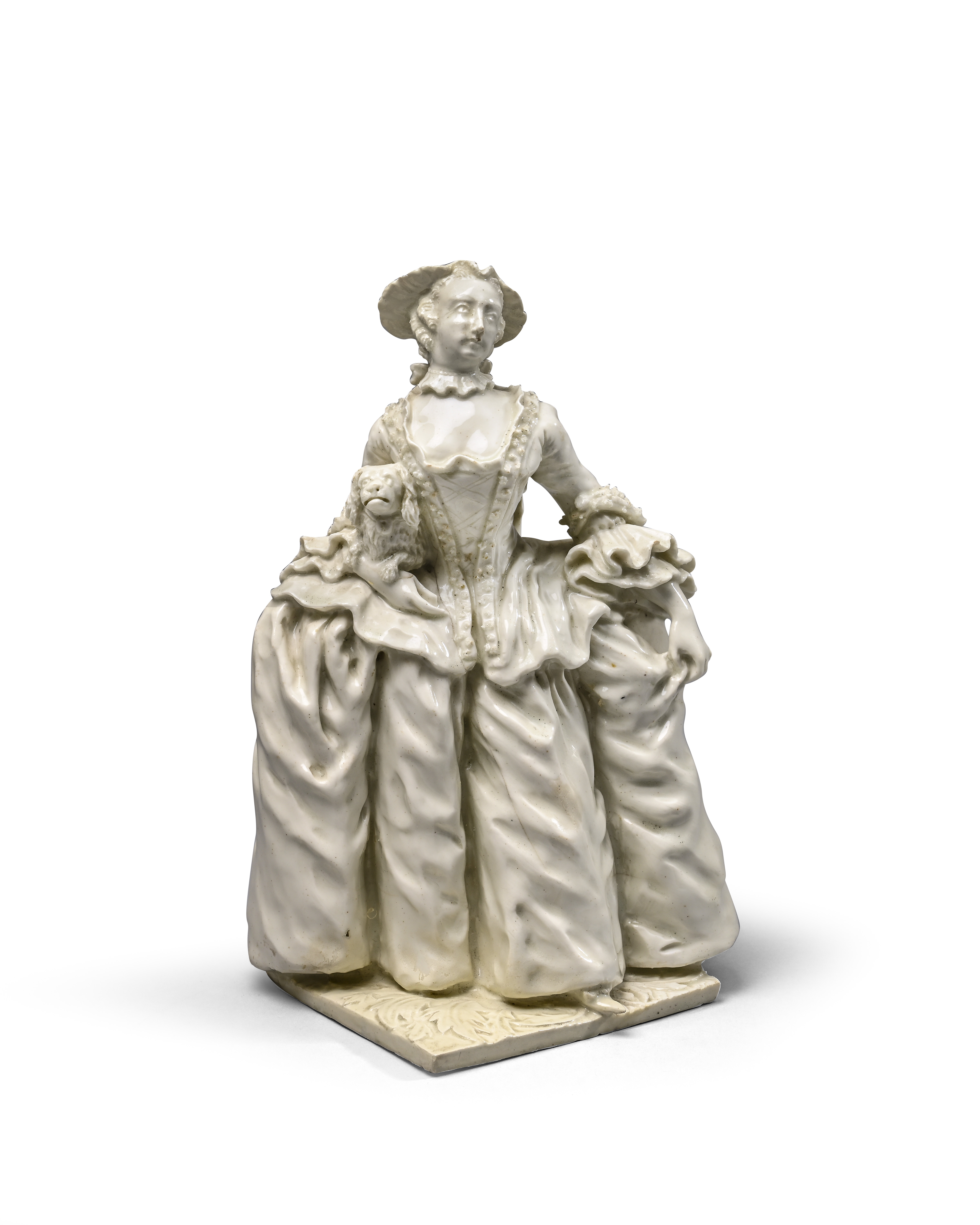 A large Bow white-glazed figure of the actress Kitty Clive c.1750, modelled in her role as Mrs