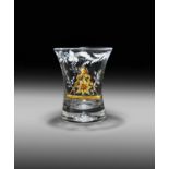 A rare small waisted beaker or dram glass c.1765, enamelled in white and yellow edged in red with