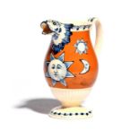 An unusual creamware jug c.1800, the baluster body painted with Masonic sun and moon symbols in blue