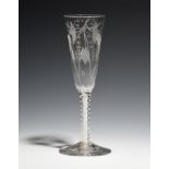 An ale glass dated 1762, the round funnel bowl engraved with hops and barley and 'BSI 1762',
