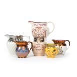 Six Sunderland lustre jugs 1st half 19th century, one printed to two sides commemorating the