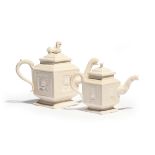 Two salt-glazed stoneware teapots and covers c.1760, of square section, each side moulded with a