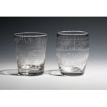 Two tumblers or beakers c.1790, one barrel-shaped and engraved 'George Langtry 1790' beneath an '