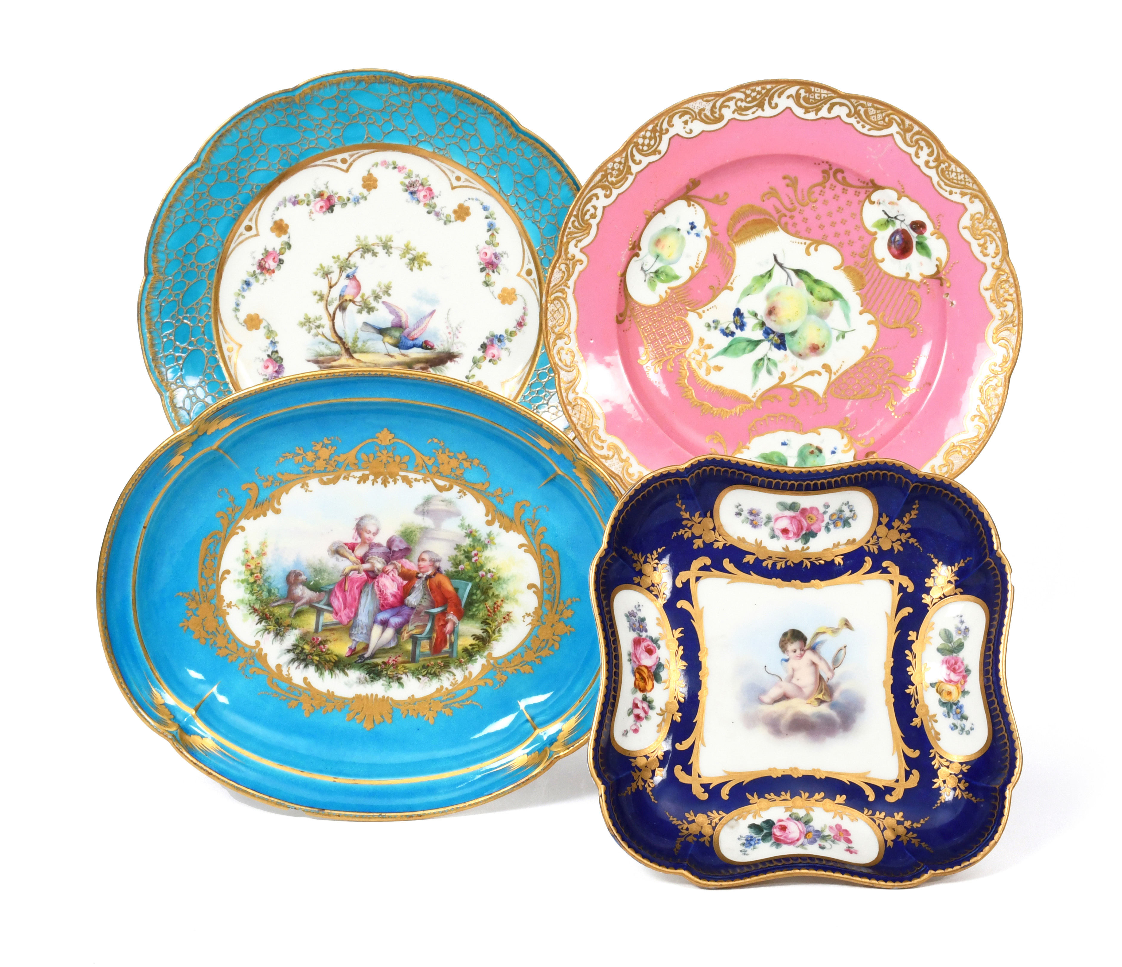 Four Sèvres-style or later decorated dishes c.1770 and later, one plate painted with birds within