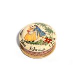 A documentary creamware snuff box and cover dated 1772, the circular top painted with a couple