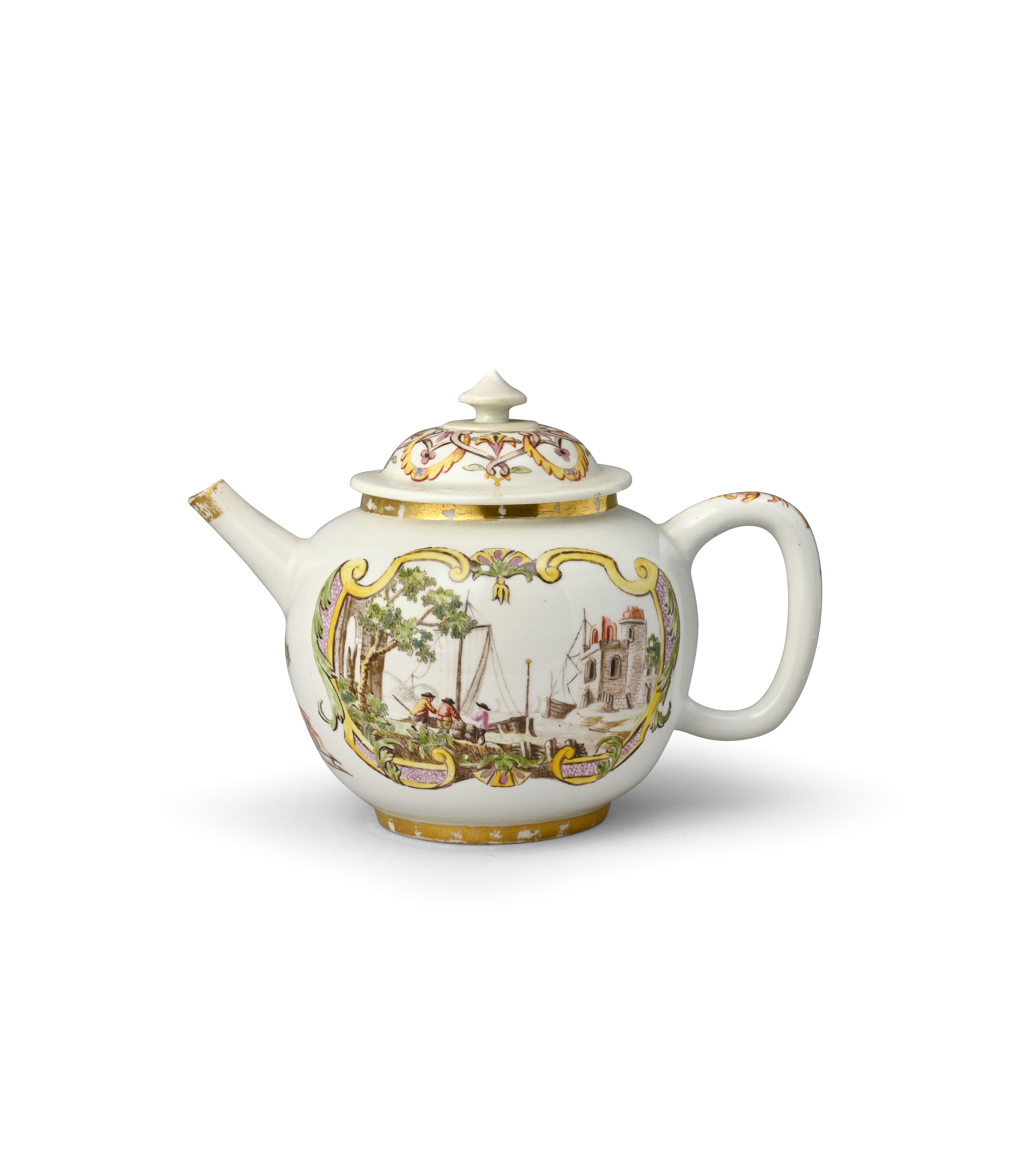 A Meissen hausmaler teapot and cover c.1725, painted probably in a Bayreuth atelier with figures