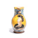 A Montelupo maiolica jug 17th century, the baluster form painted with the profile head and shoulders