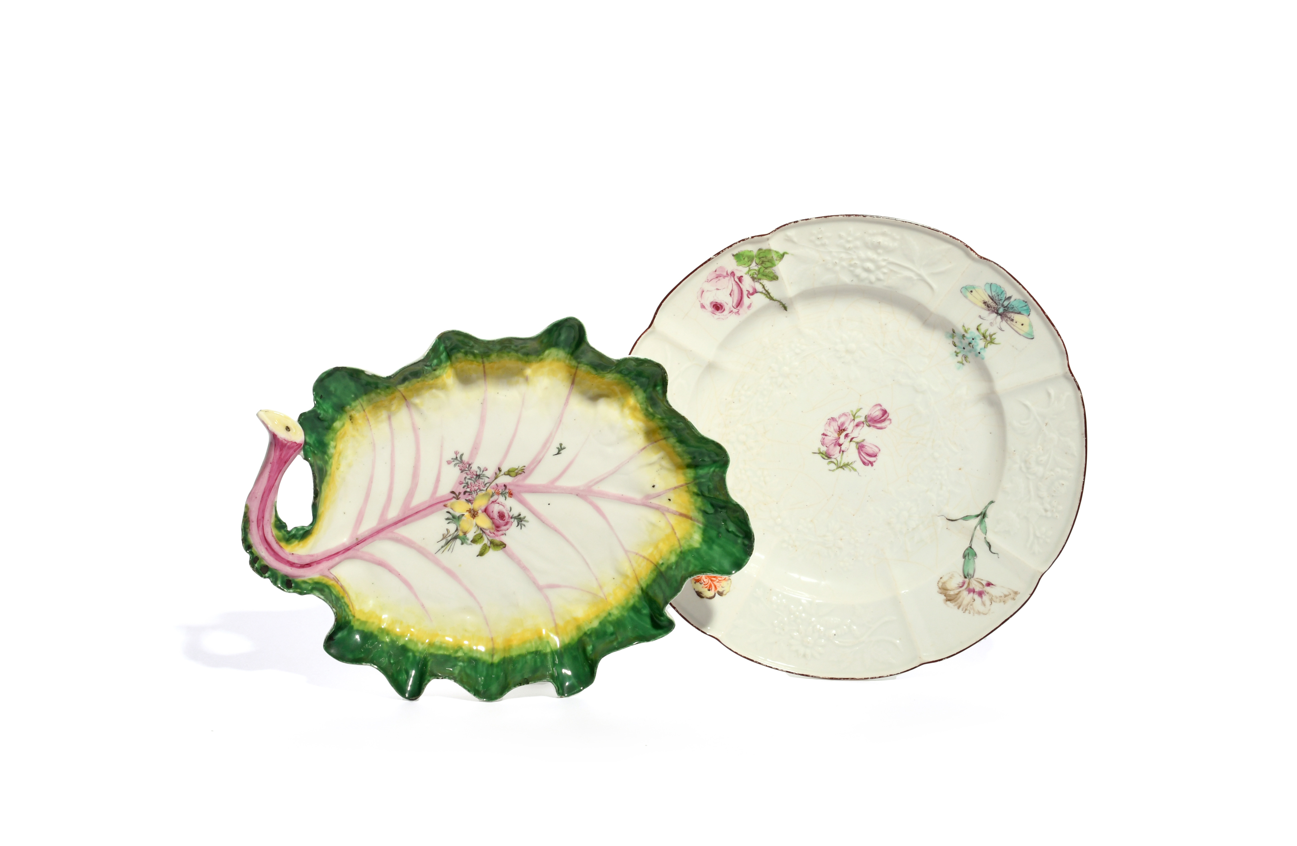 Two Chelsea dishes c.1755-58, one moulded in the Meissen Gotzkowsky manner with a central garland of - Image 2 of 2