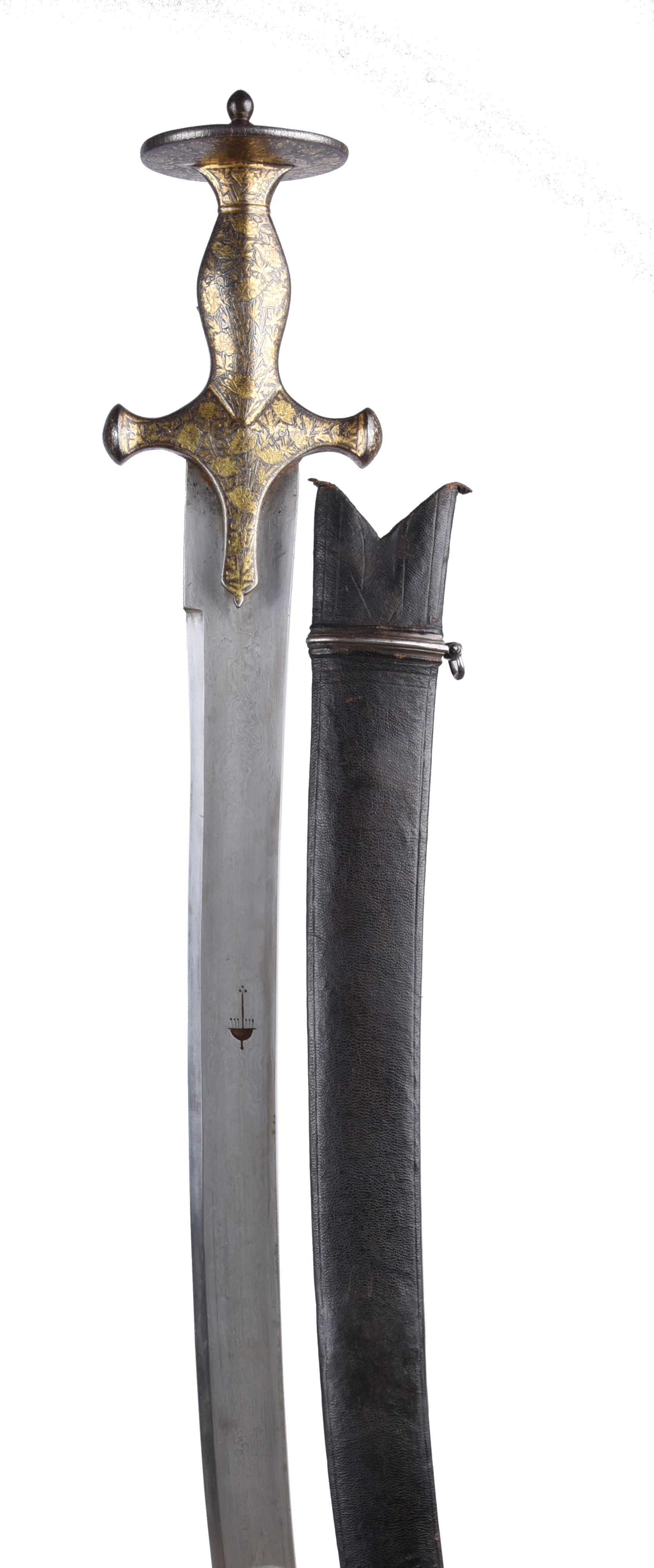 An Indian sword (tulwar), watered steel blade 29 in, and marked with a chhatri (umbrella symbol);