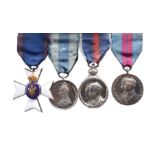 A mounted M.V.O. group of four: The Royal Victorian Order, Member's 4th Class breast badge,