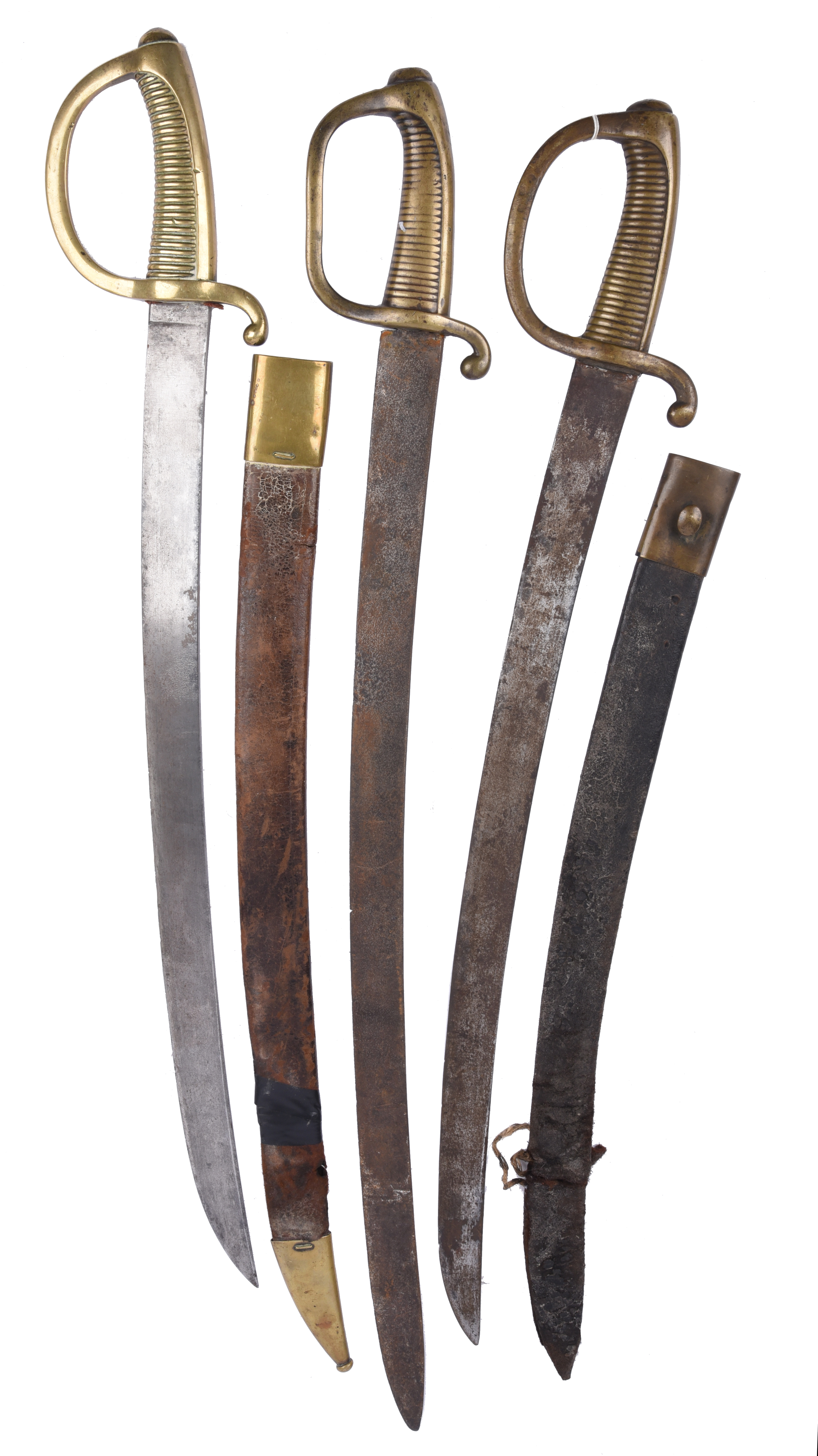 Three 19th century continental sidearms (briquet), broad curved blades and cast brass stirrup hilts,