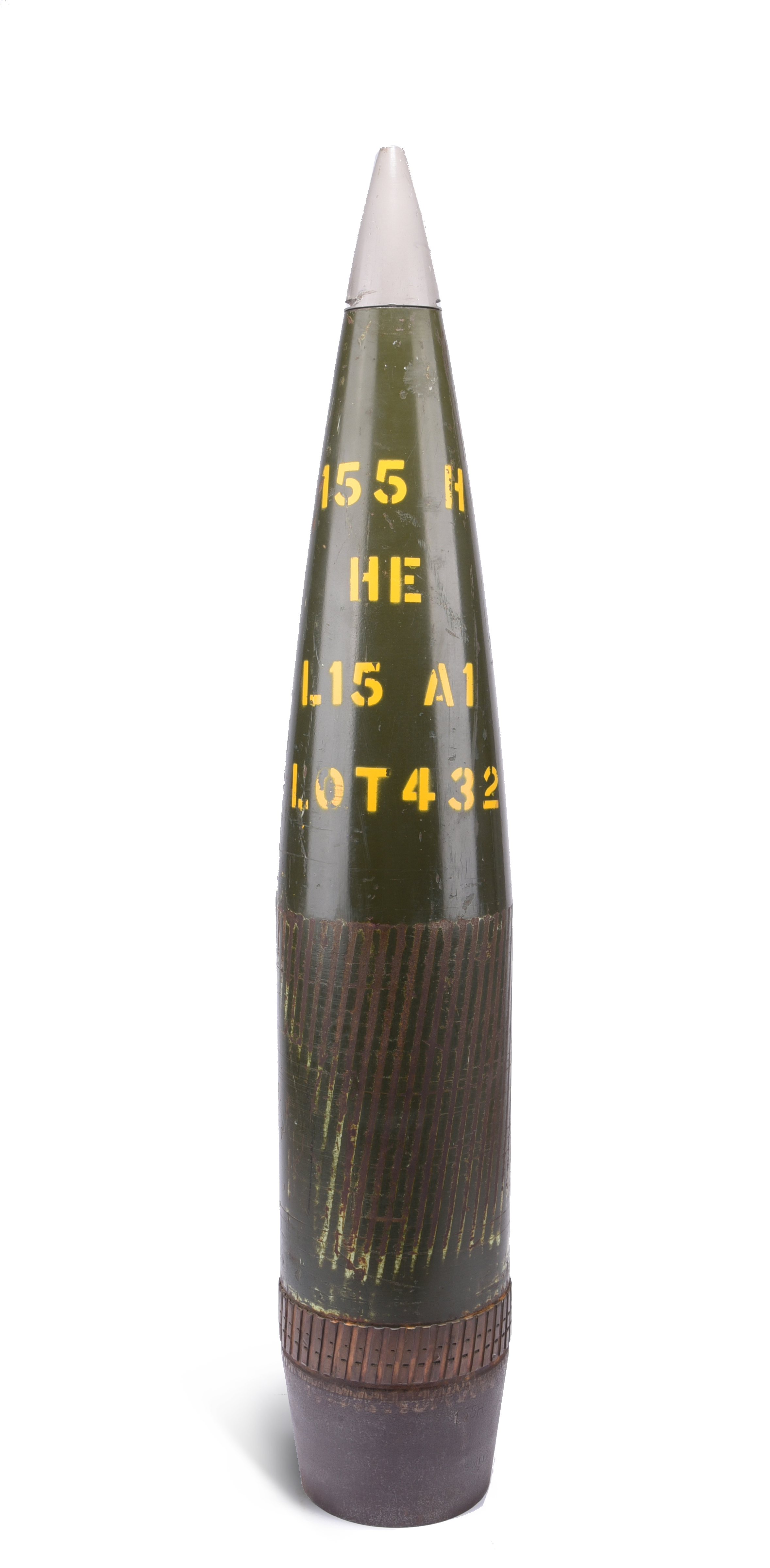 An inert 155 mm high explosive shell, fired (driving band and body engraved by rifling), with plug