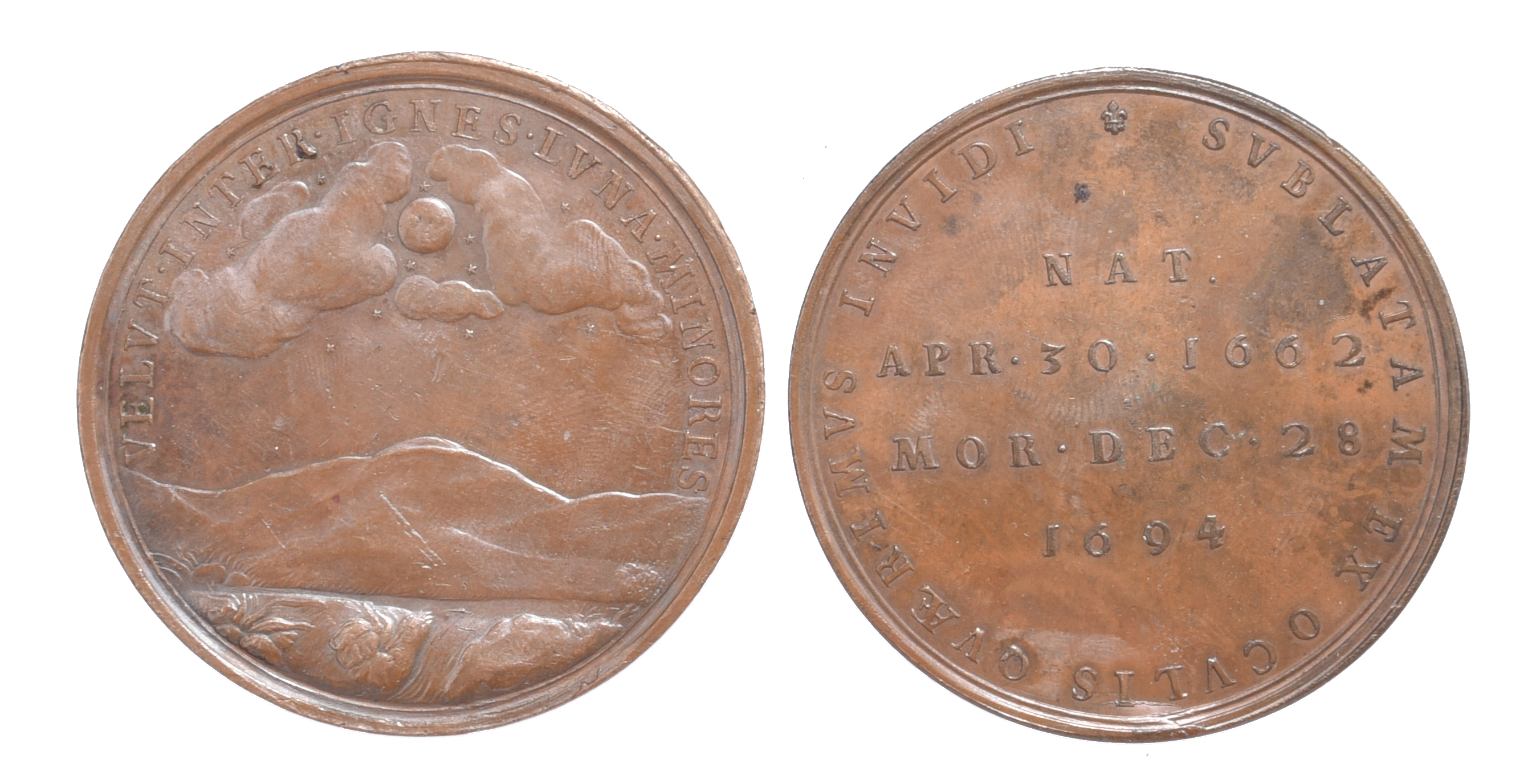 Mary II of England: two medals: Mary as Regent 1690, AE, 49mm, bust right, rev. landscape with - Image 2 of 2