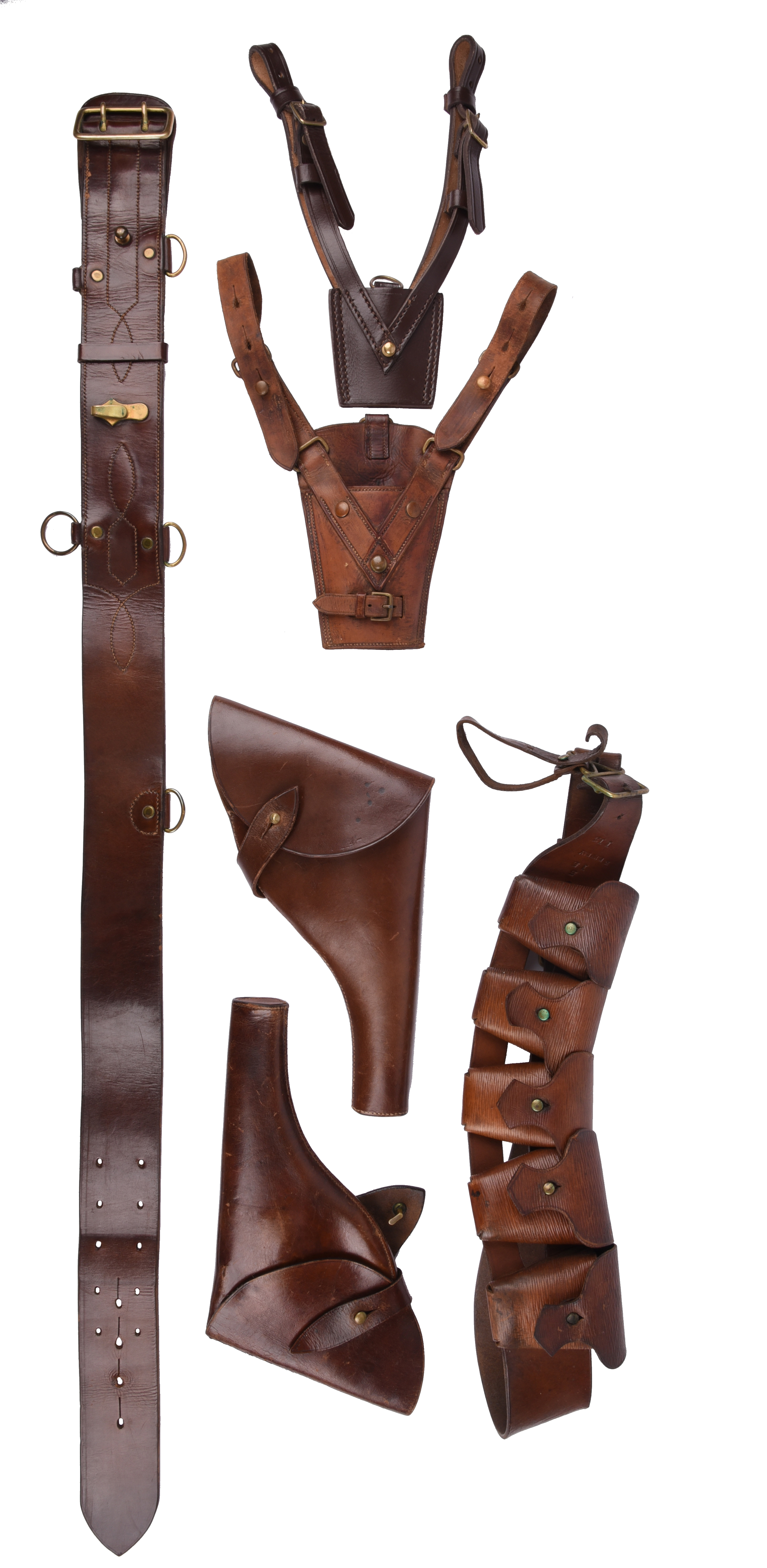 A collection of British leather military equipment, comprising: an officer's Sam Brown waist belt,