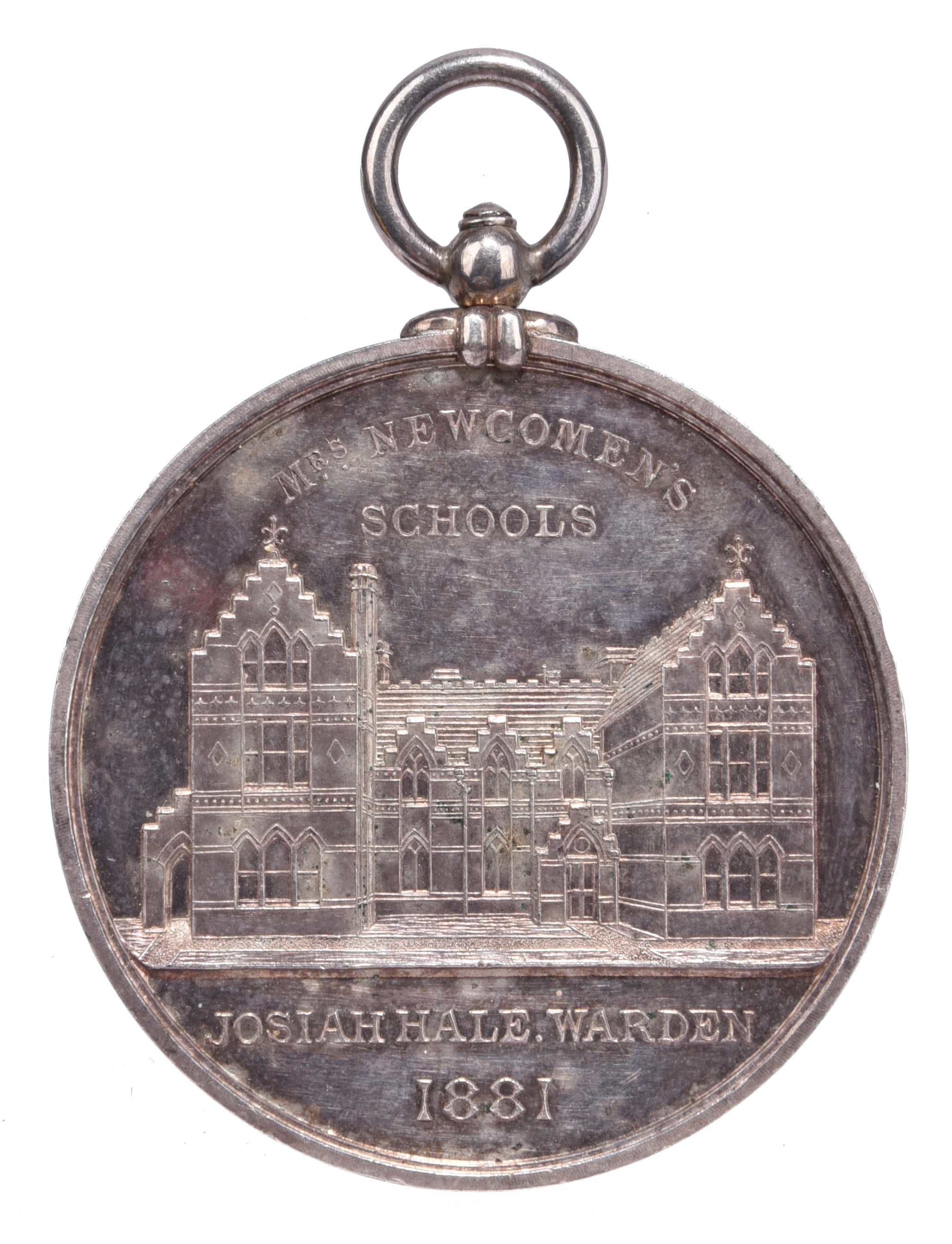 Mrs Newcomen's Schools/ Josiah Hale Warden, a struck silver prize medal, 51mm, facade of the school,